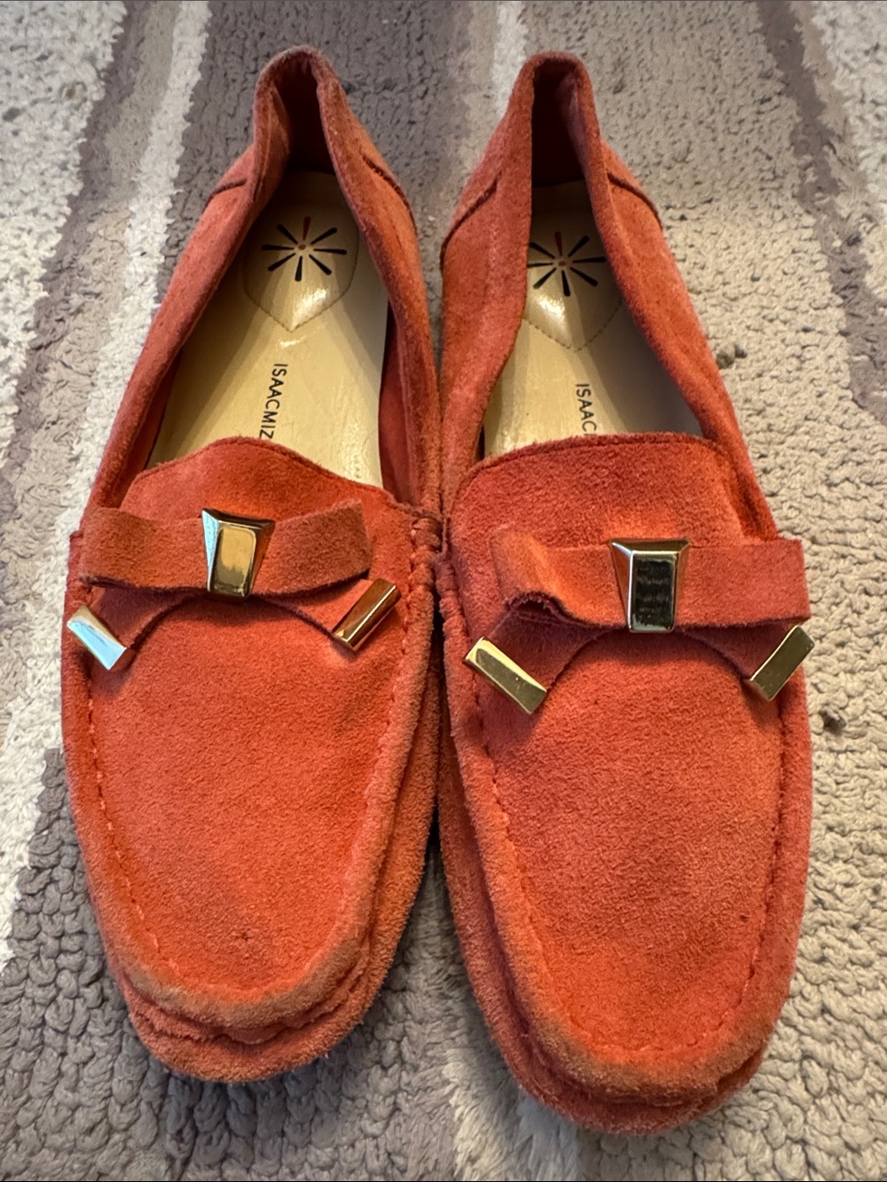 Isaac Mizrahi Men’s Suede Loafers in Burnt Orange with Gold Accents